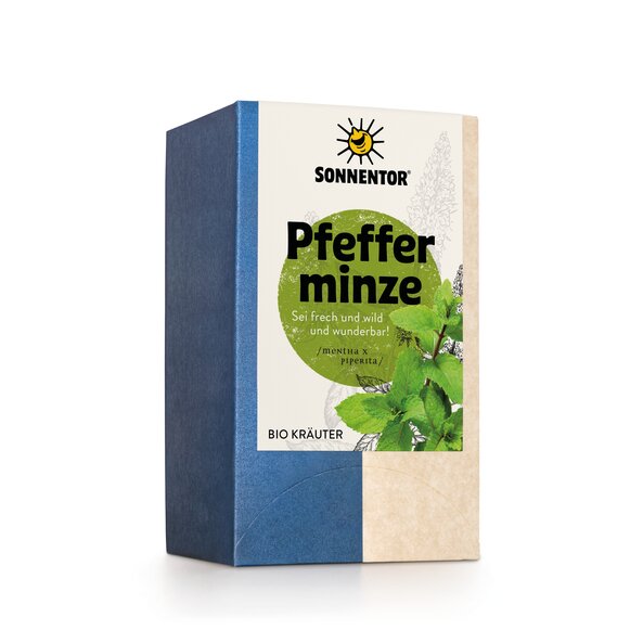 Foto einer Packung Bio-Pfefferminztee. Auf der Packung ist eine Abbildung von Pfefferminzblätter zu sehen.