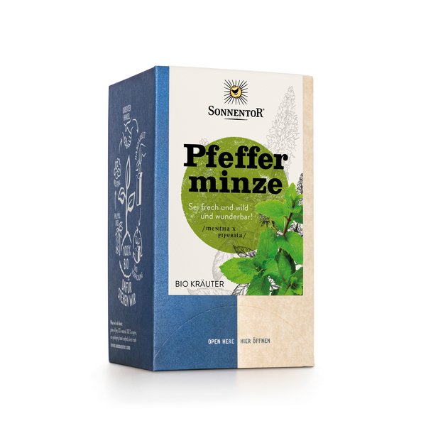 Photo of a pack of organic peppermint tea. On the package is a picture of peppermint leaves.