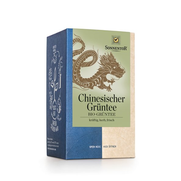 Photo of a pack of Chinese green tea Organic Green Tea. On the package is an illustration of a Chinese dragon in gold.