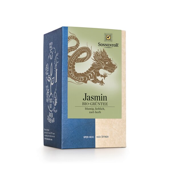 Foto einer Packung Jasmin Grüntee Bio-Grüntee. Auf der Packung ist eine Illustration eines chinesischen Drachens in Gold zu sehen.