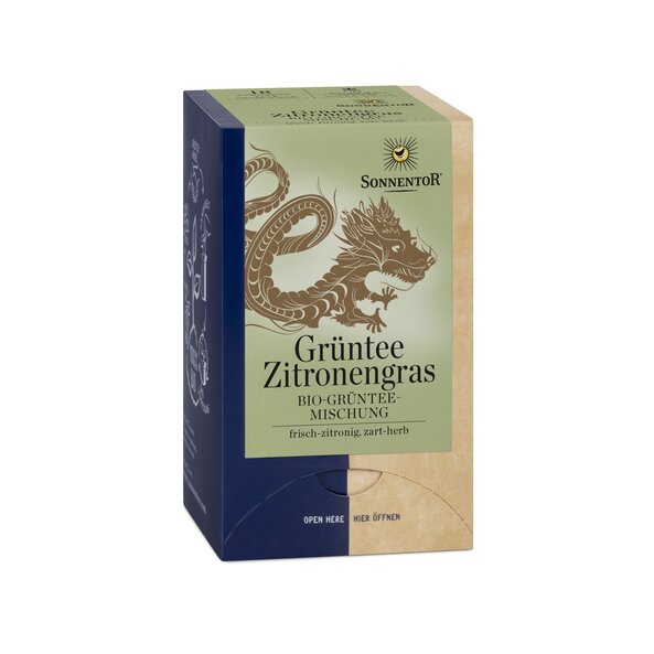 Photo of a packet of green tea lemon grass Organic Green Tea Blend. On the package is an illustration of a Chinese dragon in gold.