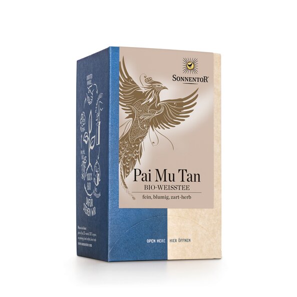 Ein Bild von einer Packung Weißer Pai Mu Tan Tee. Darauf ist ein Vogel abgebildet