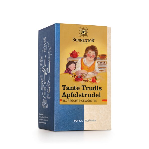 Foto einer Packung Tante Trudls Apfelstrudel Tee Bio-Früchte-Gewürzteemischung. Auf der Packung ist eine Illustration zu sehen, auf der Tante Trudl bei einer Tasse Tee gemeinsam mit einem kleinen Mädchen einen Apfelstrudel bäckt.
