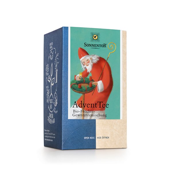 Foto einer Packung Advent Tee Bio-Früchte-Gewürzteemischung mit Vanilleextrakt aromatisiert. Auf der Packung ist eine Abbildung von einem Nikolaus der die Kerzen eines Adventkranzes anzündet.