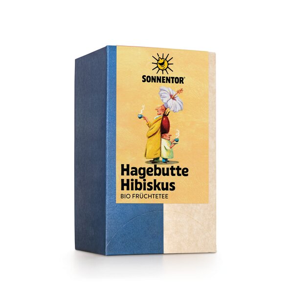 Photo of a pack Rosehips-Hibiscus Tea Organic Fruit Tea Blend. On the package is a picture of a tall and a small man standing back to back, carrying a hibiscus blossom and rosehip on his head, holding a cup of tea.