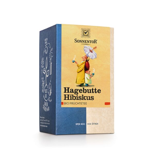 Photo of a pack Rosehips-Hibiscus Tea Organic Fruit Tea Blend. On the package is a picture of a tall and a small man standing back to back, carrying a hibiscus blossom and rosehip on his head, holding a cup of tea.
