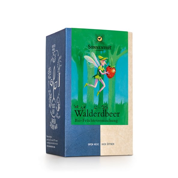 Photo of a pack Strawberry Fruit Tea. On the package is a picture of a flying fairy in the woods with a strawberry in her hand.