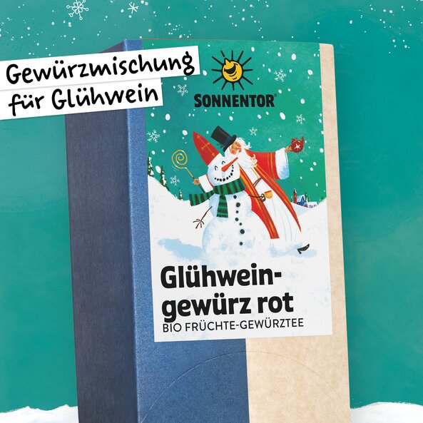 Sonnentor mulled wine spice red, organic spice blend for mulled wine with festive illustration