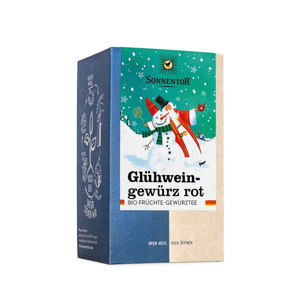 Photo of a pack of mulled wine spice red. In the photo you can see a snowman and St. Nicholas in a winter landscape.