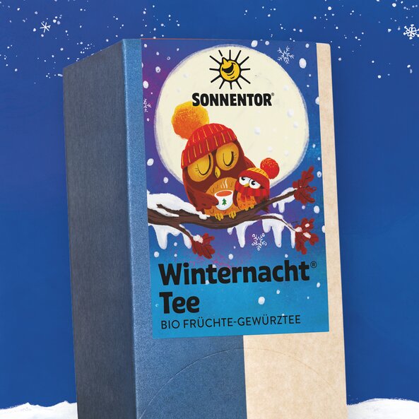 Verpackung von Sonnentor Winternacht® Tee, Bio Früchte-Gewürzteemischung mit Eulenillustration