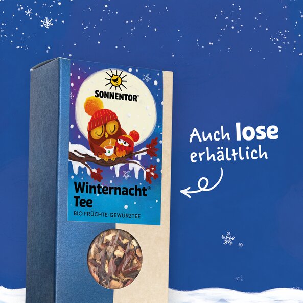 Verpackung von Winternacht® Tee mit Sichtfenster, Text: "Auch lose erhältlich"