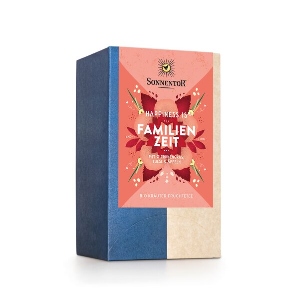 In the photo you can see a pack family time tea. On it are flowers and leaves depicted.