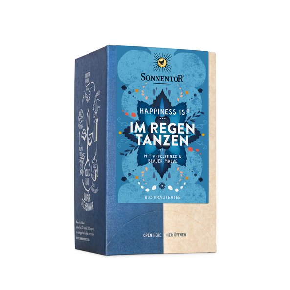 Photo of a package Dancing in the rain tea. On the blue label are flowers and leaves depicted.