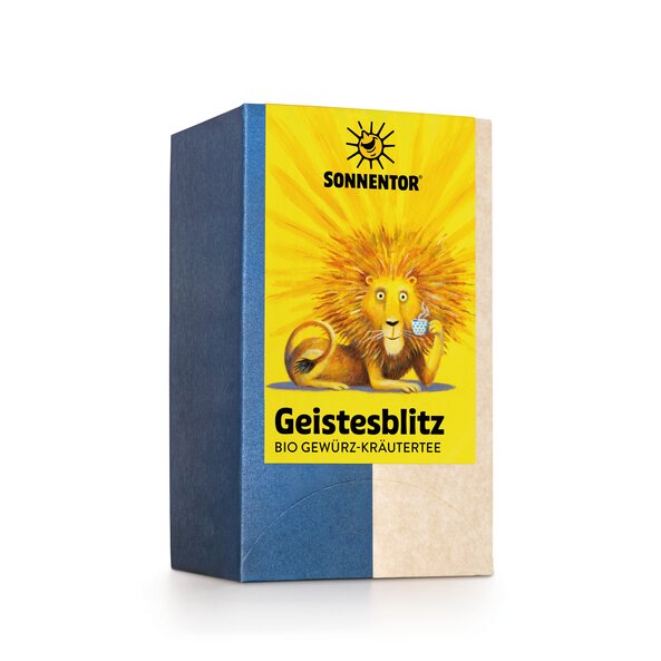 Ein Löwe mit steil wegstehender Mähne trinkt von einer Tasse Geistesblitz Tee. 