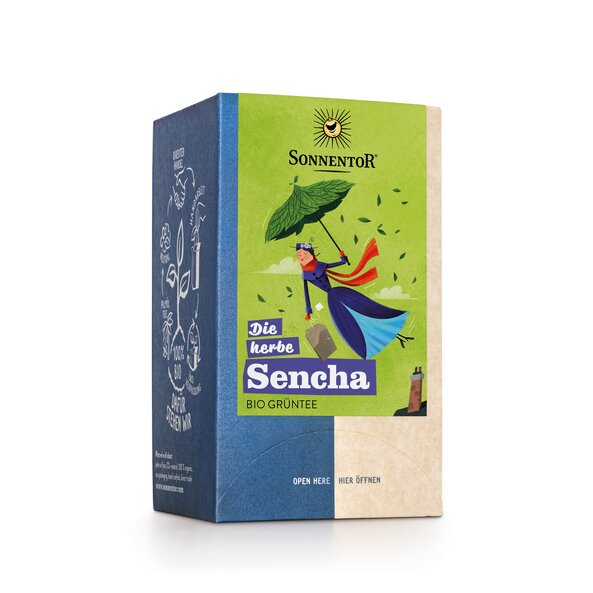  Sencha flies like Mary Poppins with an umbrella made of leaves and a teabag as a bag over a chimney.