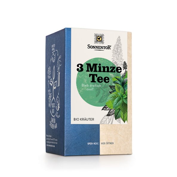 Auf der Teepackung sieht man die Blätter der drei Minzen sowie einen türkisen Kreis, in dem der Titel "3 Minze Tee" steht.