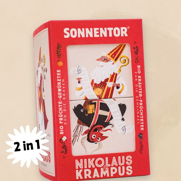 Verpackung Sonnentor Nikolaus & Krampus Tee, Text: "2 in 1 – Bio Früchte-Gewürztee für die Braven, Bio Kräuter-Früchtetee für die Schlingel"