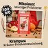 Nikolaus & Krampus Tee Verpackung, Text: "100 % Bio – Nikolaus: würziger Früchtetee, Krampus: Kräuter-Früchteteemischung"