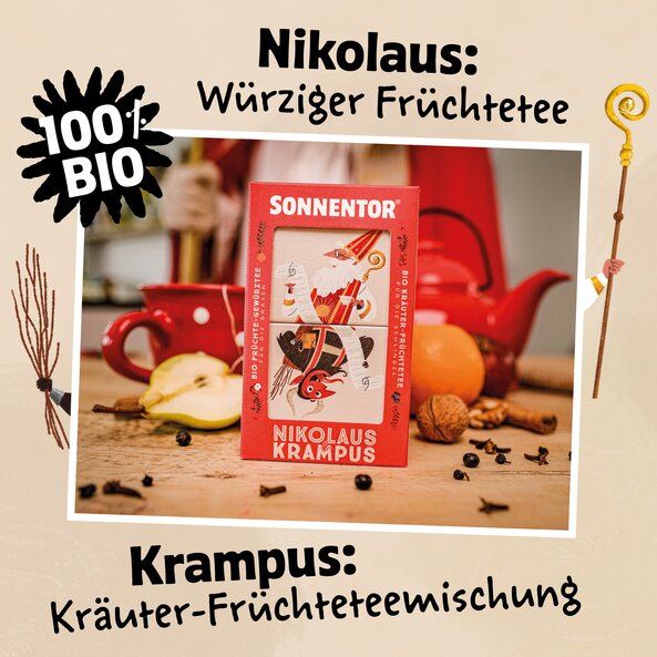 Nikolaus & Krampus Tee Verpackung, Text: "100 % Bio – Nikolaus: würziger Früchtetee, Krampus: Kräuter-Früchteteemischung"