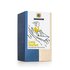A photo of the ‘Lass laufen’ tea packet, featuring a drawing of a woman travelling downstream in a boat, in black, white and yellow, on the label.