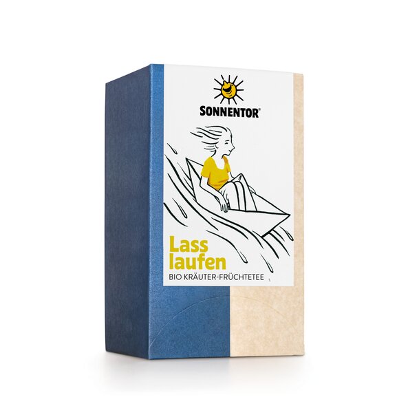 A photo of the ‘Lass laufen’ tea packet, featuring a drawing of a woman travelling downstream in a boat, in black, white and yellow, on the label.