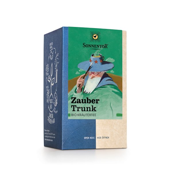 Photo of a pack Magic Potion Herbal Tea. On the package is a picture of an old man with a long white beard, a cup of tea as a magic hat and a wand in his hand.