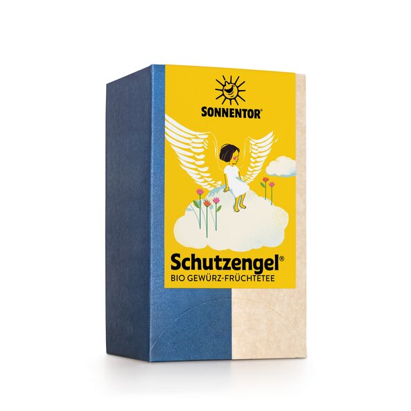 Ein Bild von einer Packung Schutzengel Tee. Auf dem gelben Etikett ist ein ein Engel der auf einer Wolke sitzt zu sehen.