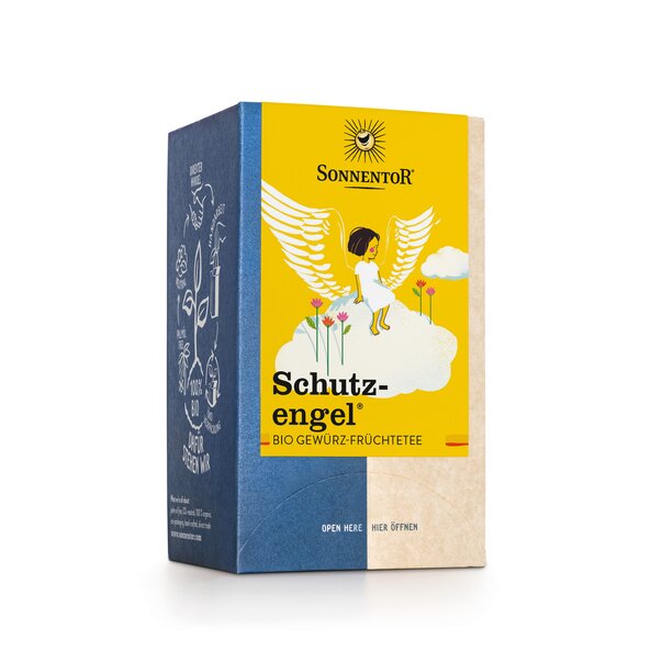 A photo of a pack guardian angel tea. On the yellow label is an angel sitting on a cloud.
