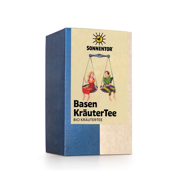 Foto von einer Packung Basen KräuterTee. Auf der Packung ist eine Abbildung von einer Frau und einem Mann die in einer Waage sitzen.