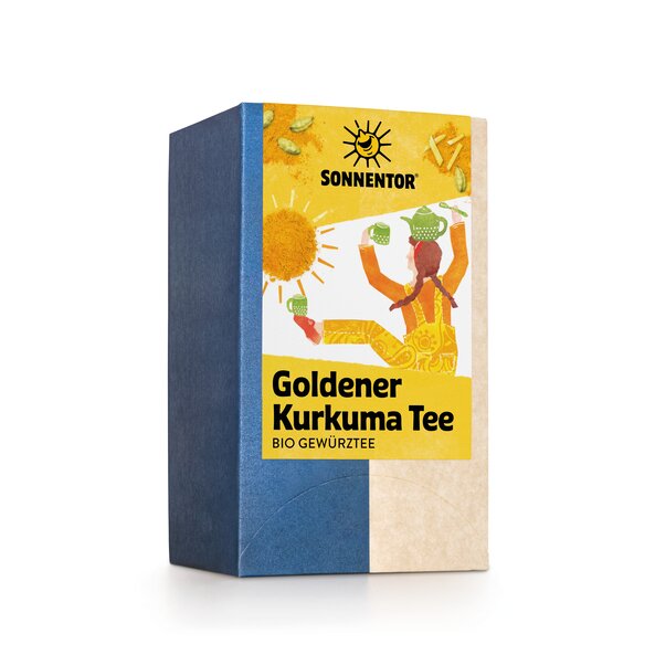 Foto von einer Packung Goldener Kurkuma Tee Bio-Gewürzteemischung. Auf der Packung ist eine Abbildung von Frau auf einem Bein stehend links eine Teetasse, rechts einen Teelöffel hält und gleichzeitig eine Teekanne auf dem Kopf und eine weitere Tasse auf dem gehobenen Bein balanciert.