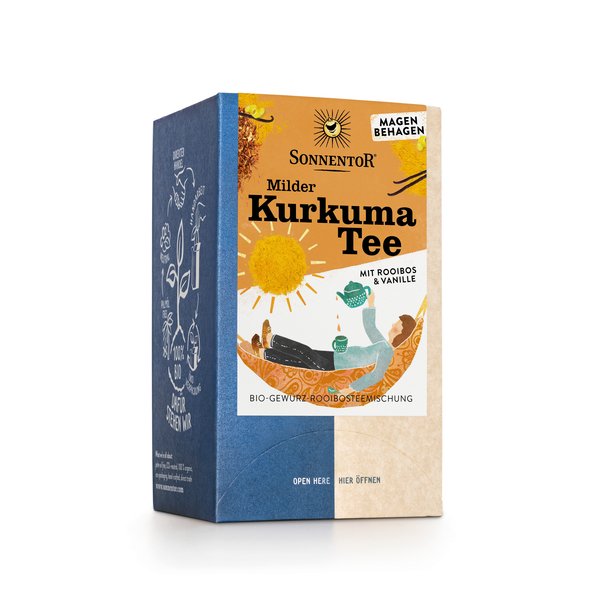 Foto einer Packung Milder Kurkuma Tee Bio-Gewürz-Rooibosteemischung. Auf der Packung ist eine Abbildung von einer Frau die unter der Sonne in einer Hängematte liegt, in der linken Hand einen Teelöffel hält und sich mit der rechten Hand eine Tasse Tee einschenkt.