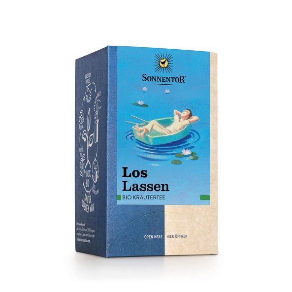 Photo of a pack Let it Be Herbal Tea. There is a picture of a man lying in the boat with his eyes closed and floating on the water.