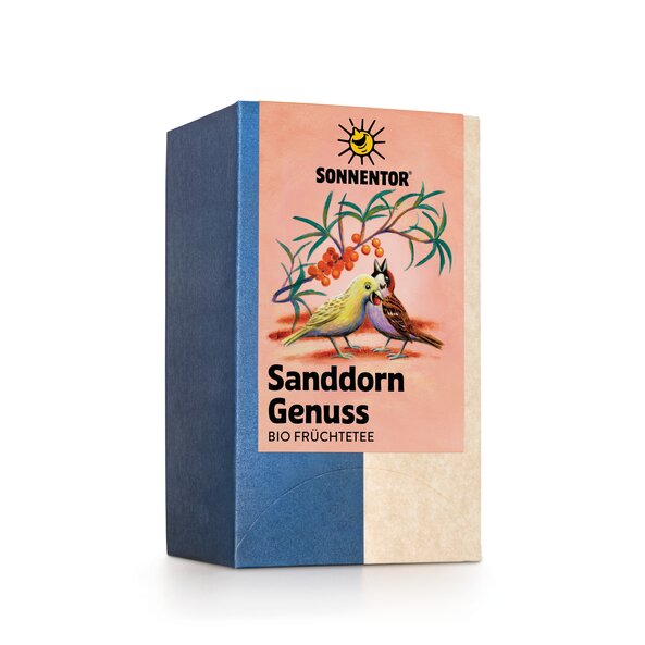Photo of a pack Sea Buckthorn Pleasure Fruit Tea. On the package is a picture of two birds eating a sea buckthorn fruit.
