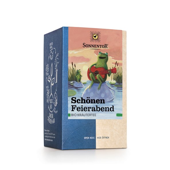 Photo of a pack pleasant leisure time herbal tea. There is a picture of a frog sitting on an upside down cup in the water, playing guitar.