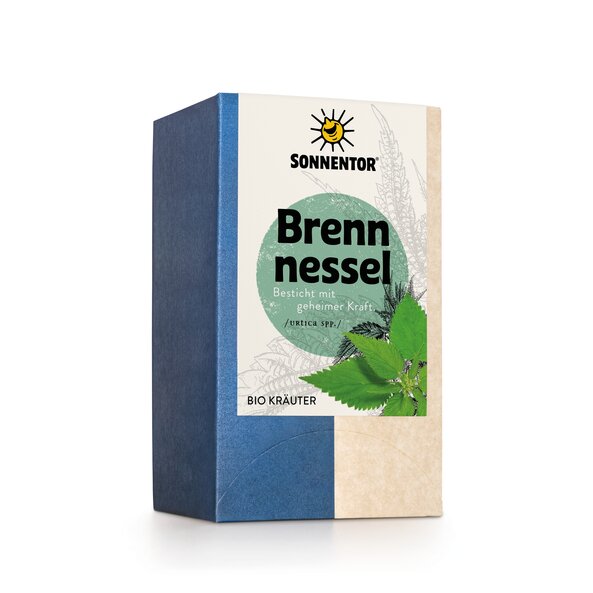 Photo of a pack stinging nettle tea. On the package is a picture of a stinging nettle plant.