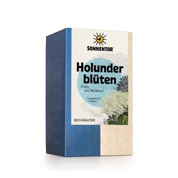 Foto von einer Packung Holunderblüten Tee. Auf der Packung ist eine Abbildung von Holunderblüten.