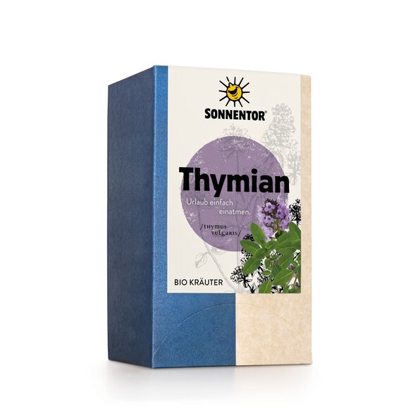 Foto von einer Packung Thymian Tee. Auf der Packung ist eine Abbildung von einer Thymian Pflanze mit Blüte.