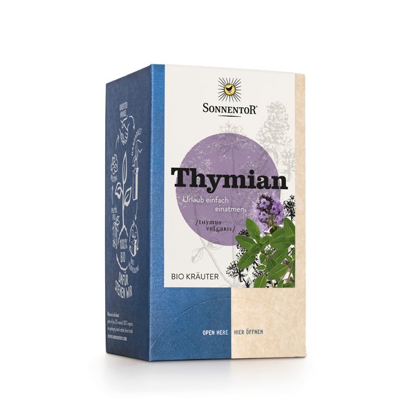 Foto von einer Packung Thymian Tee. Auf der Packung ist eine Abbildung von einer Thymian Pflanze mit Blüte.