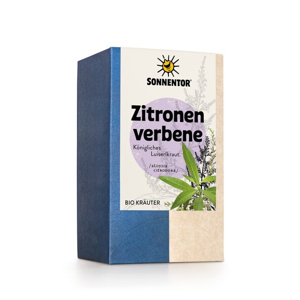 Foto einer Packung Zitronenverbene. Auf der Packung ist eine Abbildung von einer Zitronenverbene Pflanze zu sehen.
