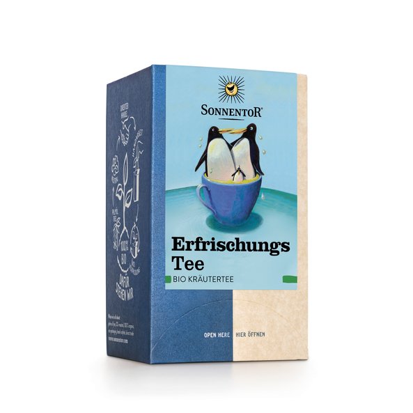 Photo of a pack Refreshing Tea Organic Herbal Tea. On the package is a picture of two large penguins and a small penguin bathing in a cup.