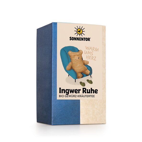 A picture of a pack of ginger calm tea. On the package is a ginger bulb on a wing chair.