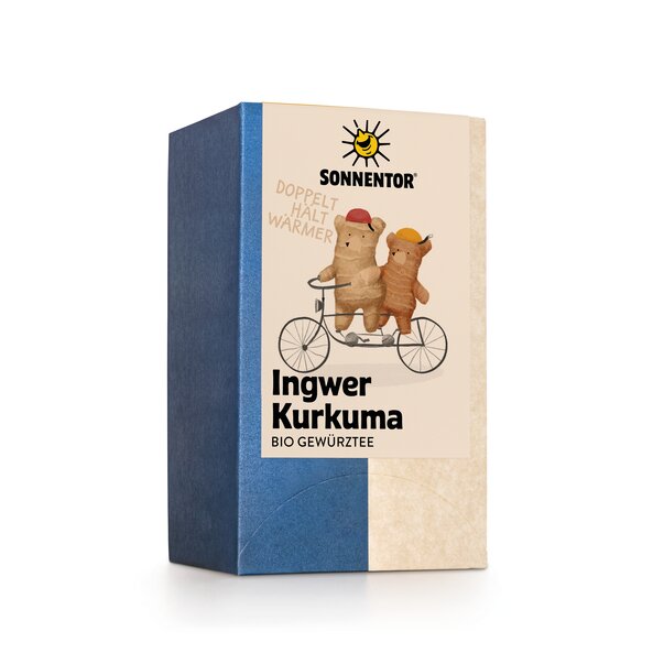 Photo of a pack Ginger Turmeric Tea Organic Spice Tea Blend. On the package is a picture of a ginger bear and turmeric bear riding together with a bike.