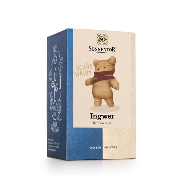Photo of a pack Ginger Tea Organic Spice Tea Blend. On the package is an image of a ginger bear (Ingbär) wrapped around its neck with a scarf.