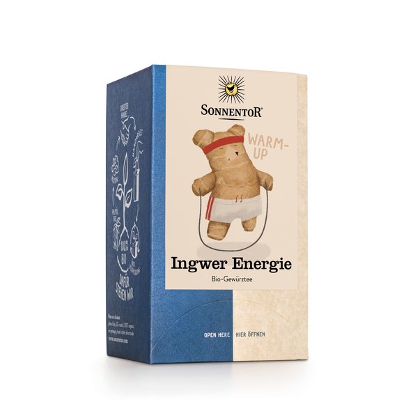 Photo of a pack Ginger Energy Tea Organic Spice Tea Blend. On the package is a picture of a ginger bear (Ingbär) doing sports with a skipping rope in his hands.