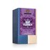 Photo of a pack Blossoming Tea Organic Herbal Spice Tea Blend. On the package is an illustration with floral background in violet turquoise with the inscription Happiness is blossoming.