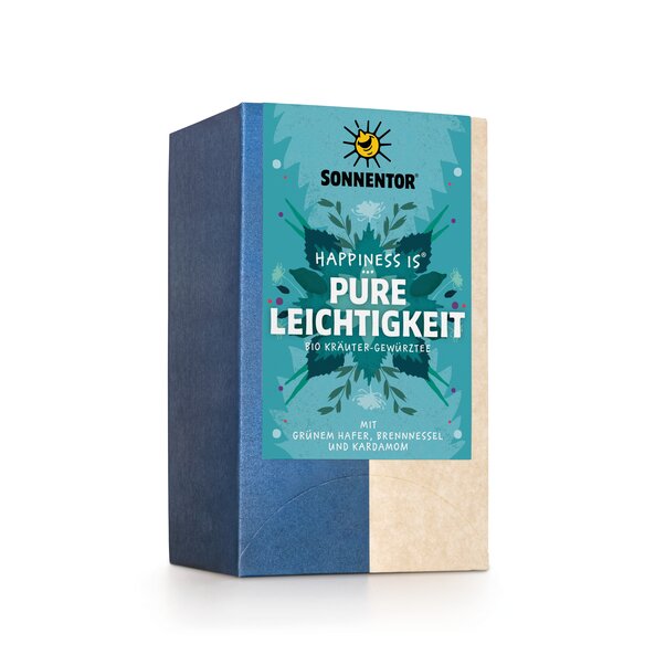 Photo of a pack Pure Lightness Tea Organic Herbal Spice Tea Blend. On the package is an illustration with floral background in light blue with the inscription Happiness is Pure Lightness Tea.