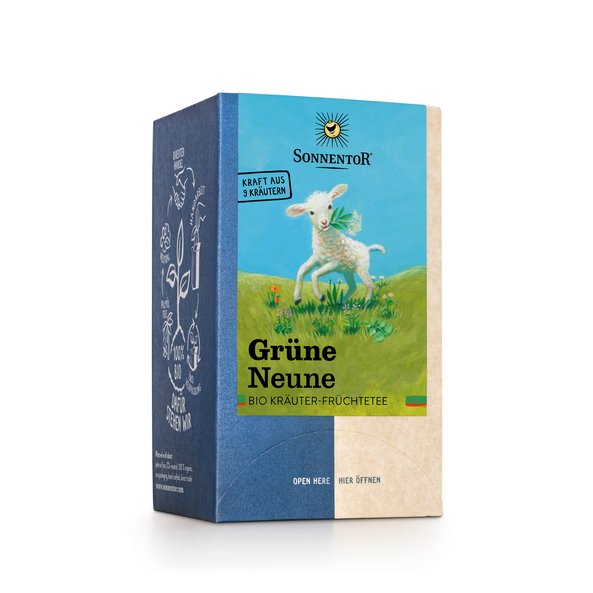 Photo of a pack nine greens tea Organic Herbal Fruit Tea Blend. On the package is a picture of a lamb on a flower meadow with a flower in its mouth.