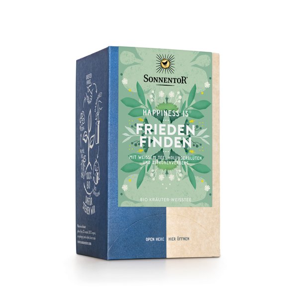 Photo of a pack a Finding Peace Tea Organic Herbal Tea Blend with White Tea. On the package is an illustration with floral background in green turquoise with the inscription Happiness is Finding Peace.