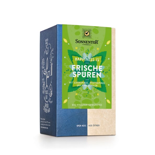 A picture of a pack Feeling Refreshed tea. The package is green and in the middle are mint leaves.