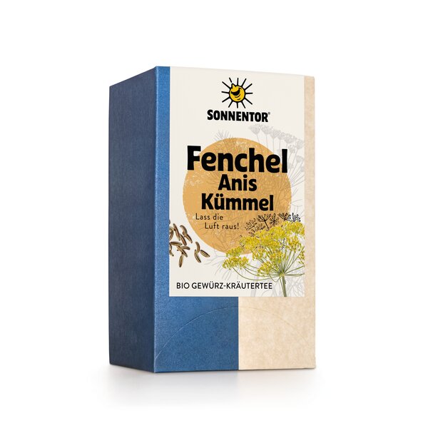 Foto einer Packung Fechel Anis Kümmel Tee. Auf der Packung ist eine Abbildung von Kümmel, einer Fenchel und Anis Pflanze.